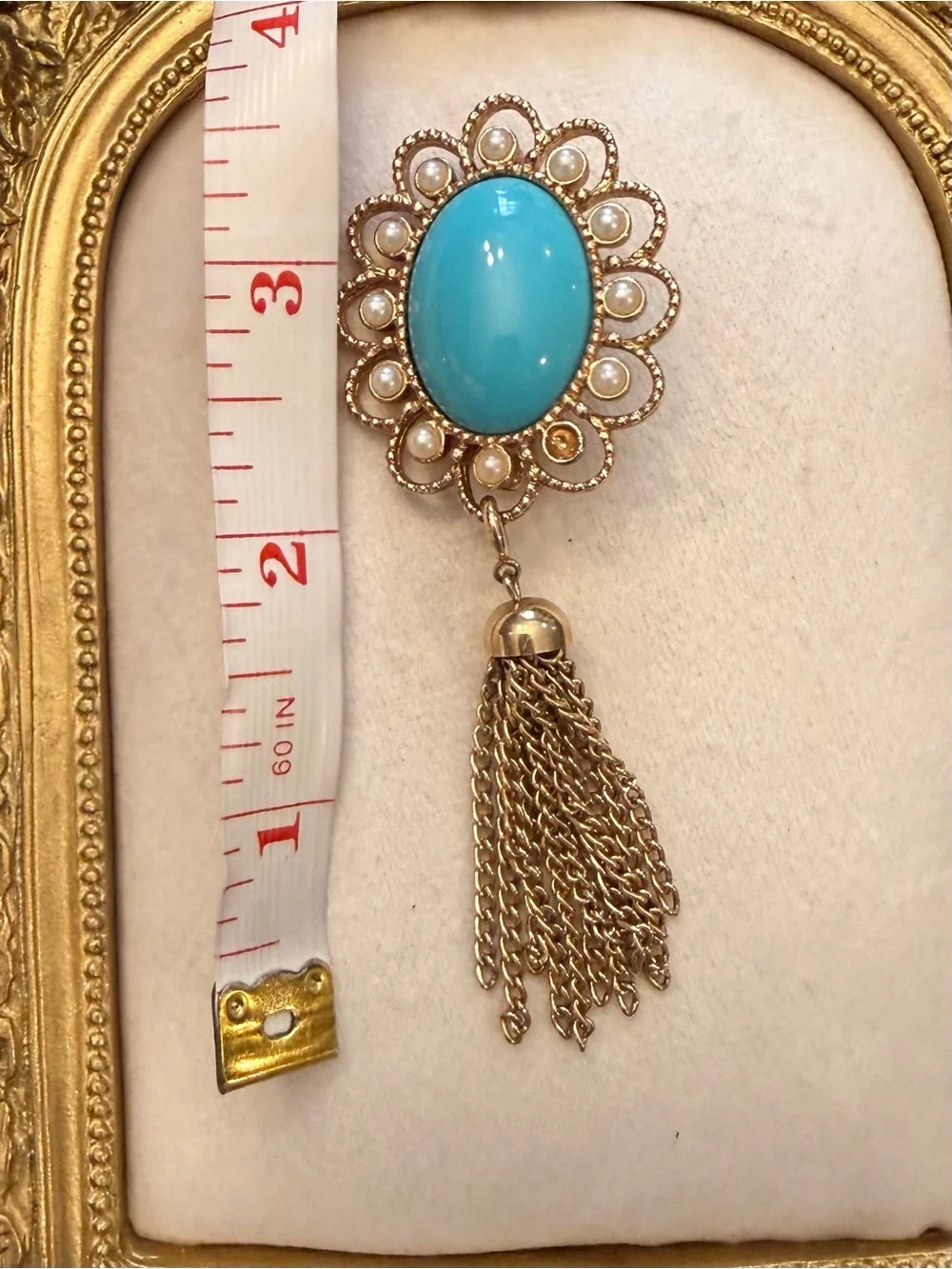 Vintage Sarah Coventry Gold Tone Faux Turquoise Cabochon‎ Brooch With Tassel